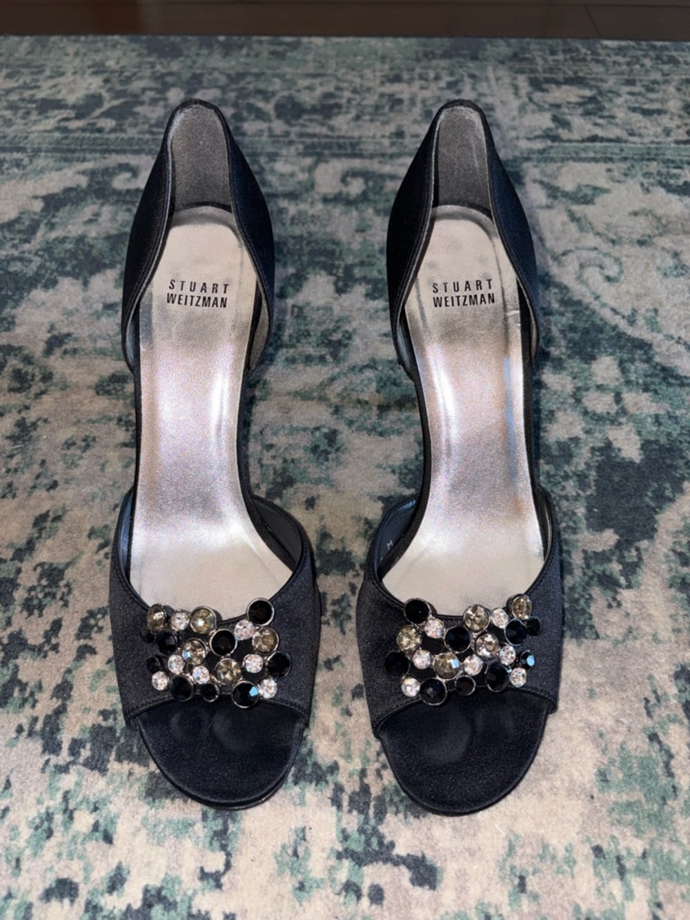 Stuart Weitzman Blarneystone Black Satin D'Orsay Peep Toe Heels Size 8.5